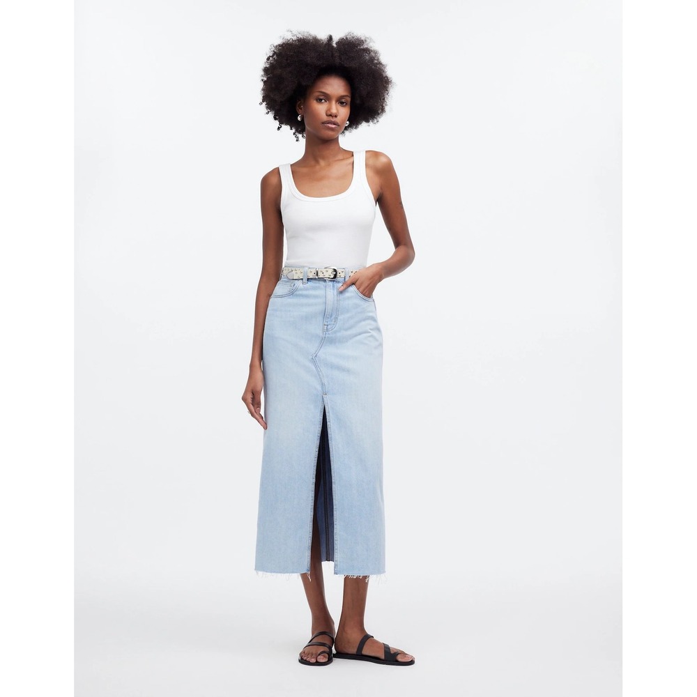 Madewell Rilee Denim Midi Skirt Light Wash Frayed Hem‎ Slit Size 27 100% Cotton